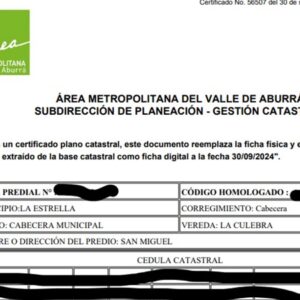 Ficha Catastral Lot Urb 7,46 Hectareas Municipio de la Estrella La Tablaza